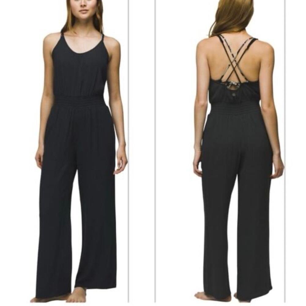 prAna Fernie Wide Leg Jumpsuit Black Strappy Back Minimalist Boho Beachy NWT, S